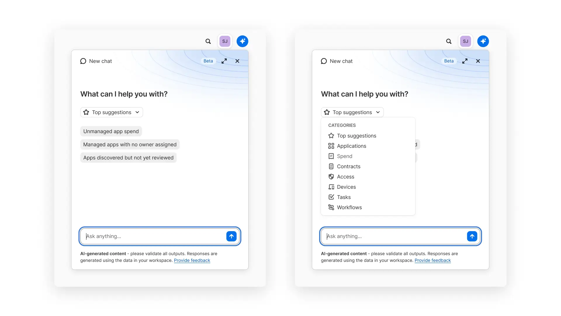 A screenshot from within SaaS Manager: AI assistant displayes suggested prompts and a menu of categories, including applications, spend, contracts, and access.