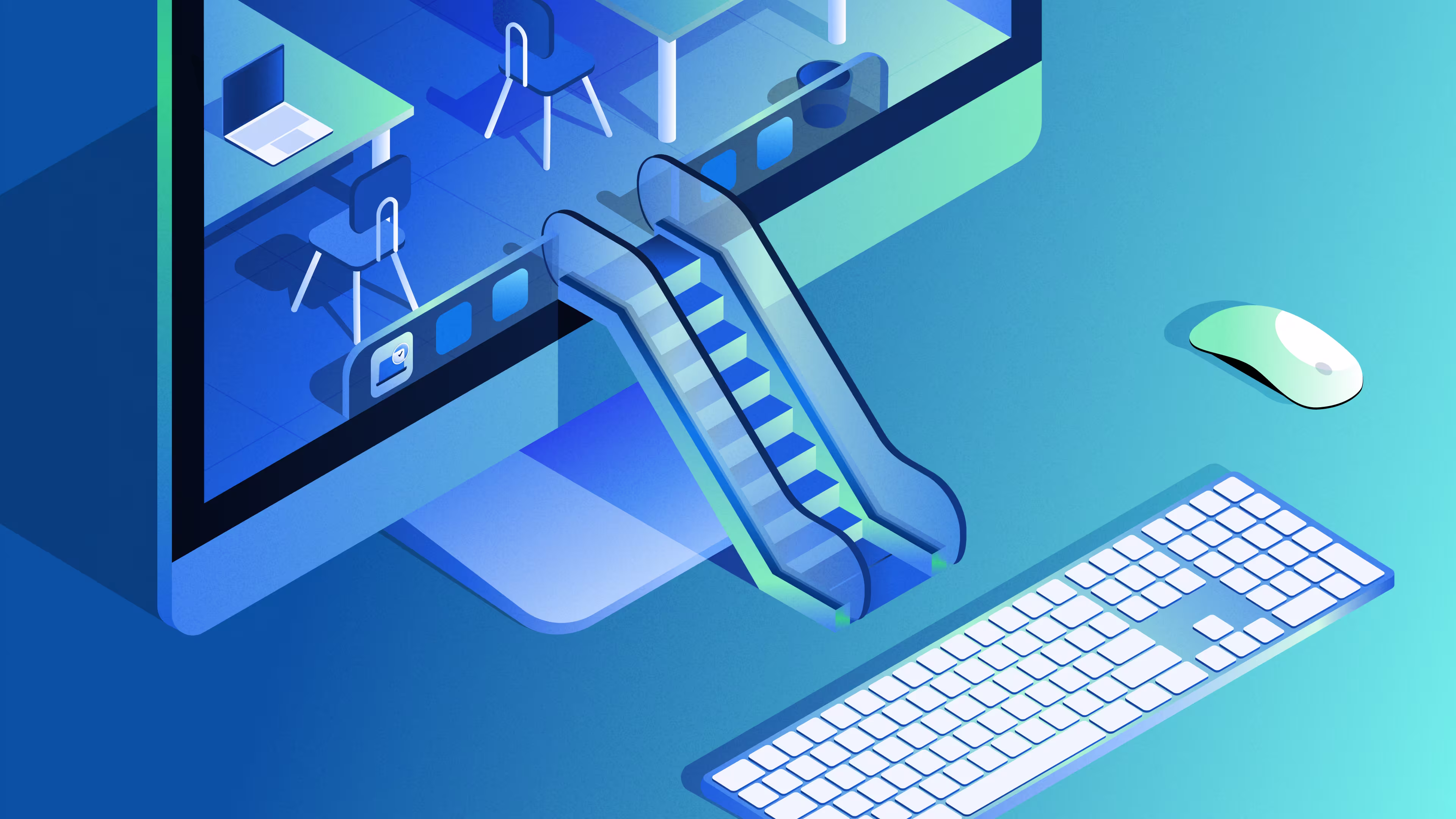 An illustration showing a desktop with a keyboard and monitor. A small escalator leads inside the screen, where an office scene is shown.