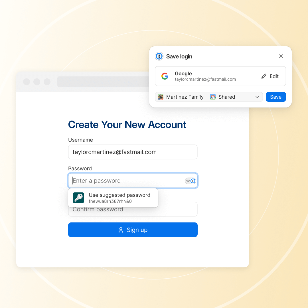 A prompt to save a password generated by 1Password.