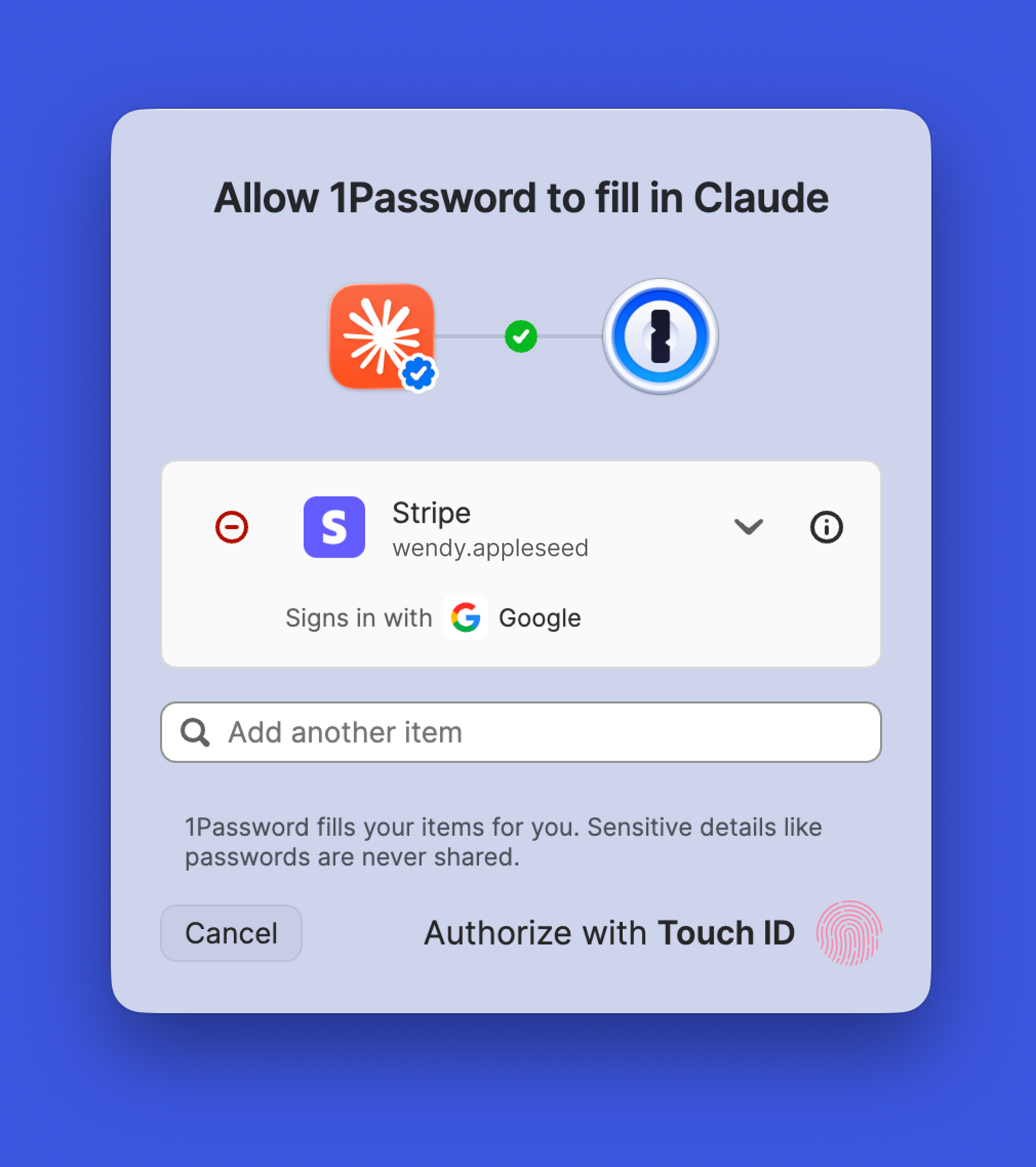 A screenshot of a Claude window. Superimposed on it is a popup that says "Allow 1Password to fill in Claude," prompting the user to approve this interaction via Touch ID.