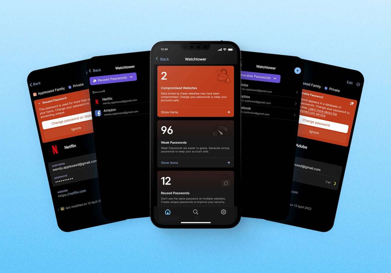 Five iPhones displaying various 1Password Watchtower screens: Watchtower Dashboard, two screens with 1Password items displaying âReused Passwordâ notification, one screen displaying âReused Passwordsâ filter in search results, and one screen displaying âVulnerable Passwordsâ filter in search results