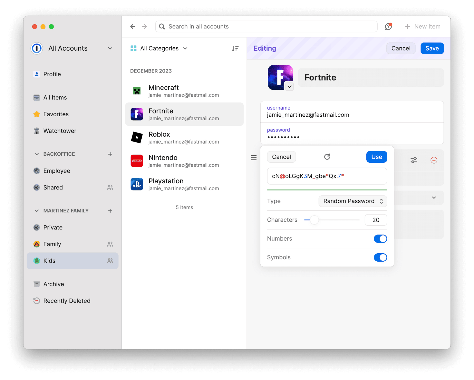A screenshot of 1Password being used to manage video game logins