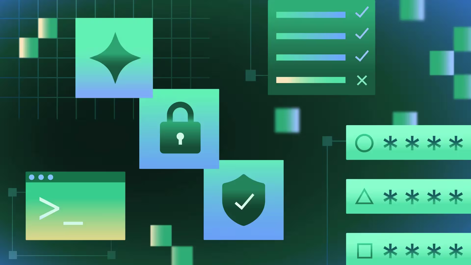 Abstract illustration of digital security featuring a lock, shield with a checkmark, password fields, a checklist, a command prompt, and geometric shapes in teal, green, and blue tones. "Launching post-quantum-safe passkeys" by 1Password.
