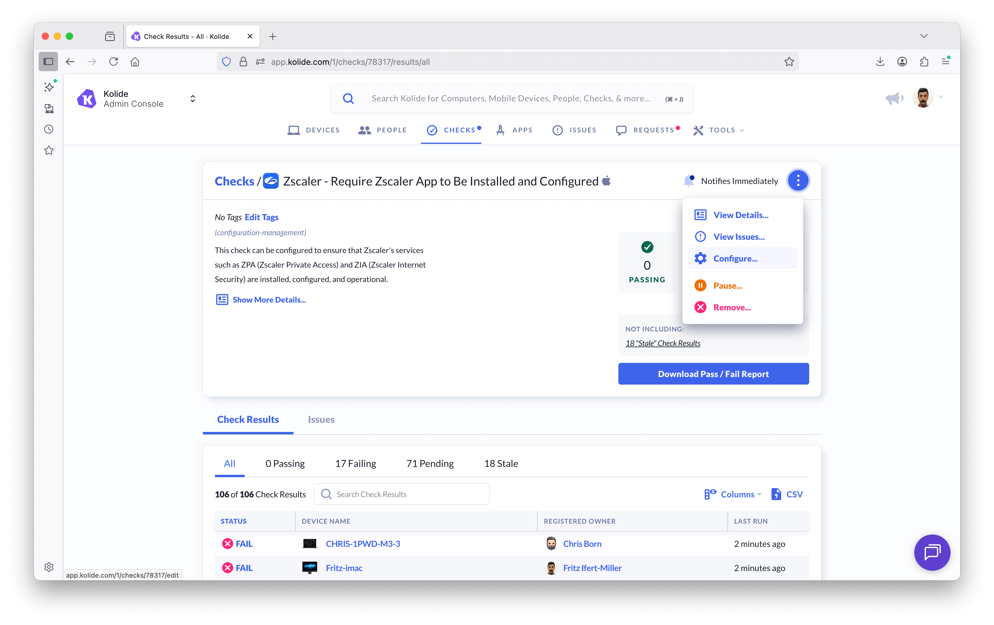 Screenshot of admin configuration the Zscaler check.