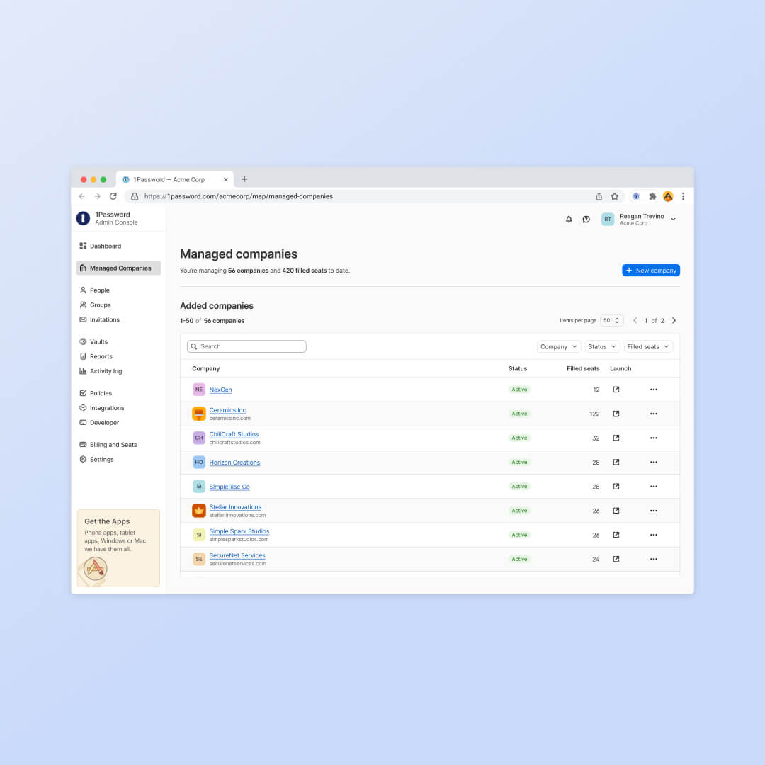 A screenshot from the 1Password Enterprise Password Manager – MSP Edition.