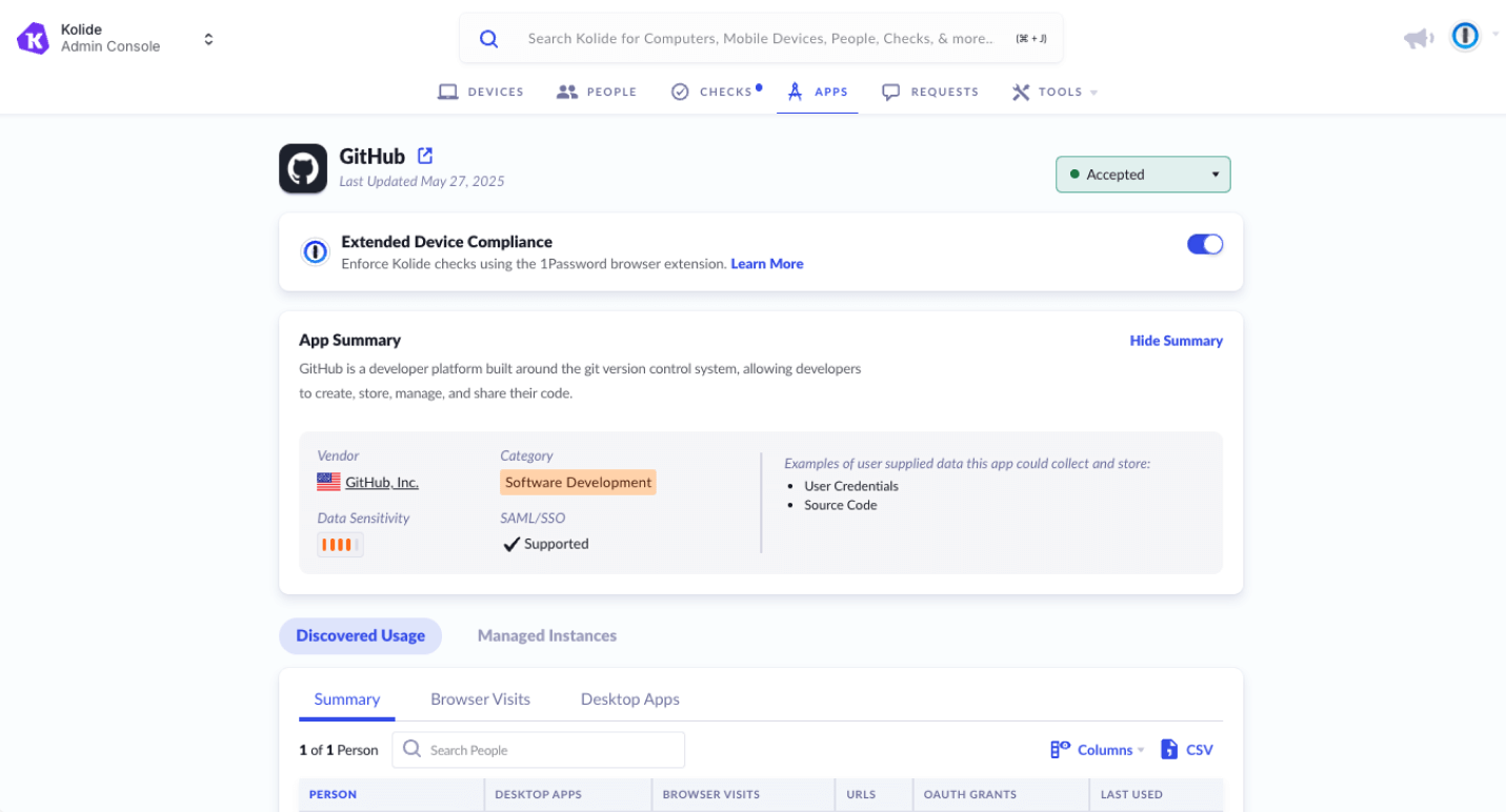 A screenshot of the Kolide admin console that showcases Extended Device Compliance when enforced.