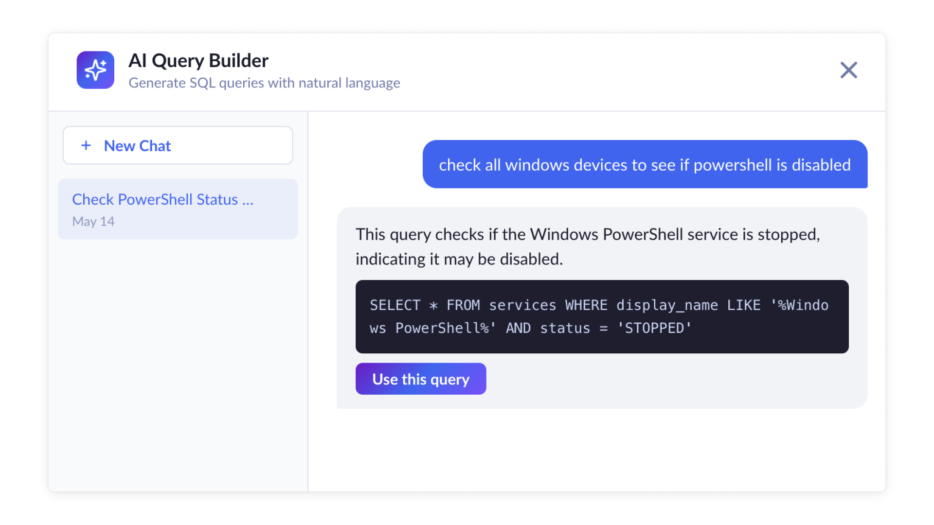 A screenshot of the AI query builder, showing it generating a query related to seeing if Windows Powershell is stopped or not.