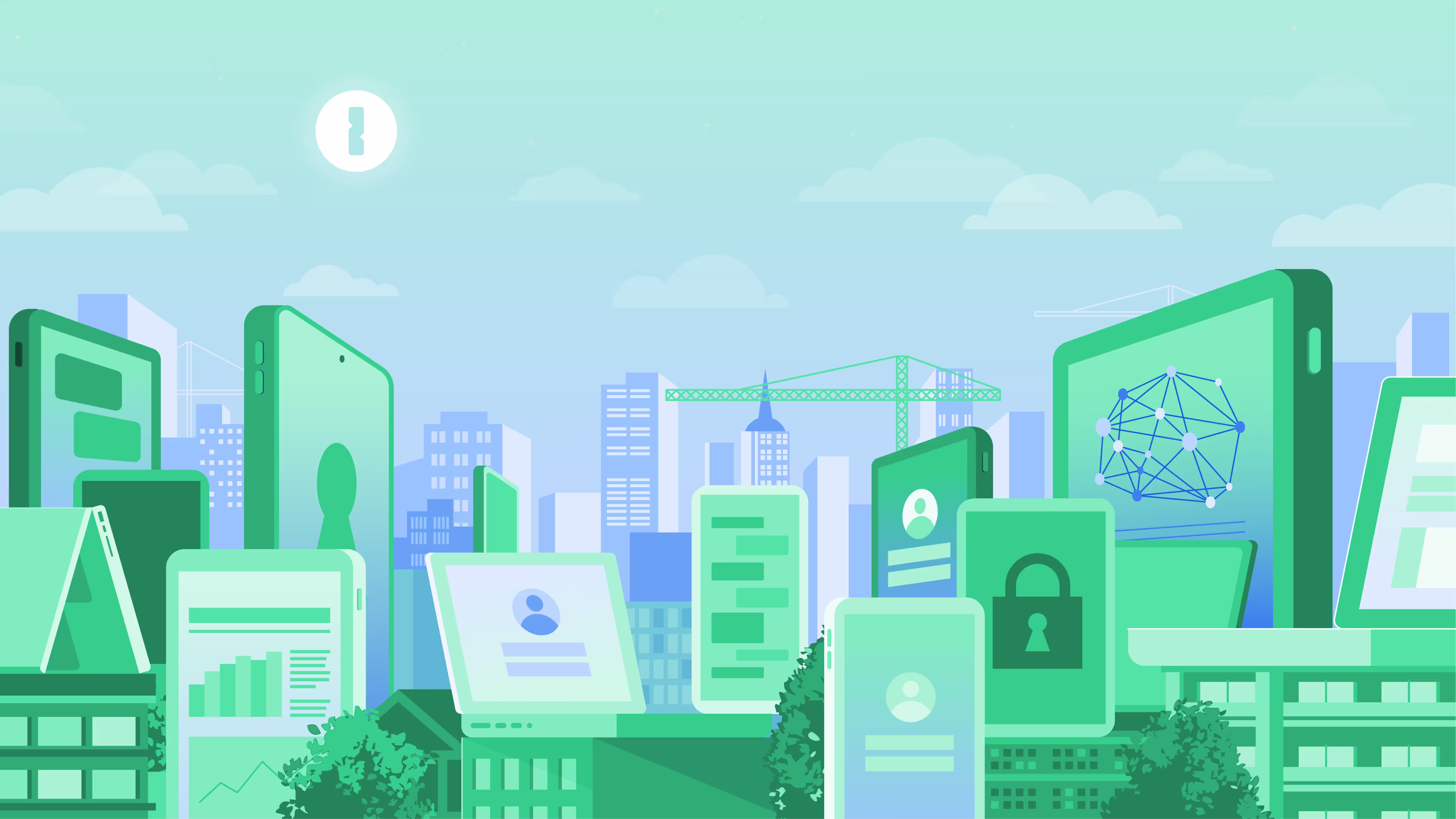 An urban sprawl of connected devices, identities, and operations operates under the light of 1Password.