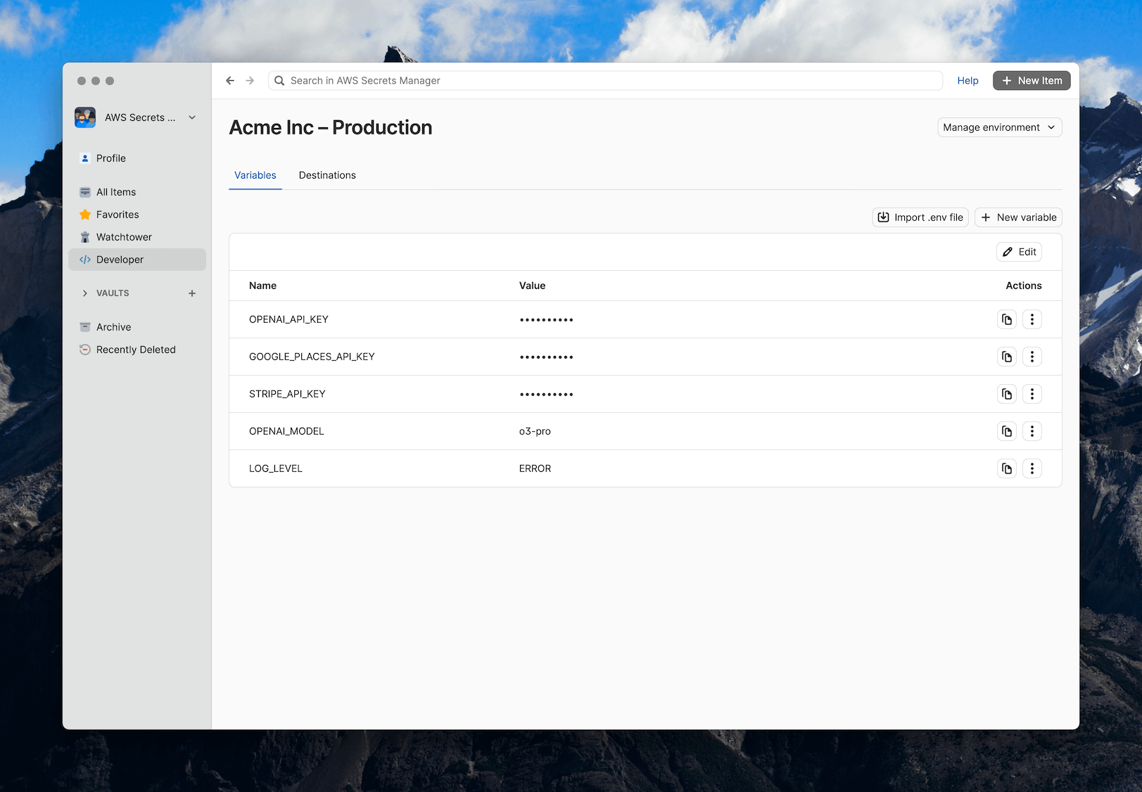 A screenshot of the environments variable page.
