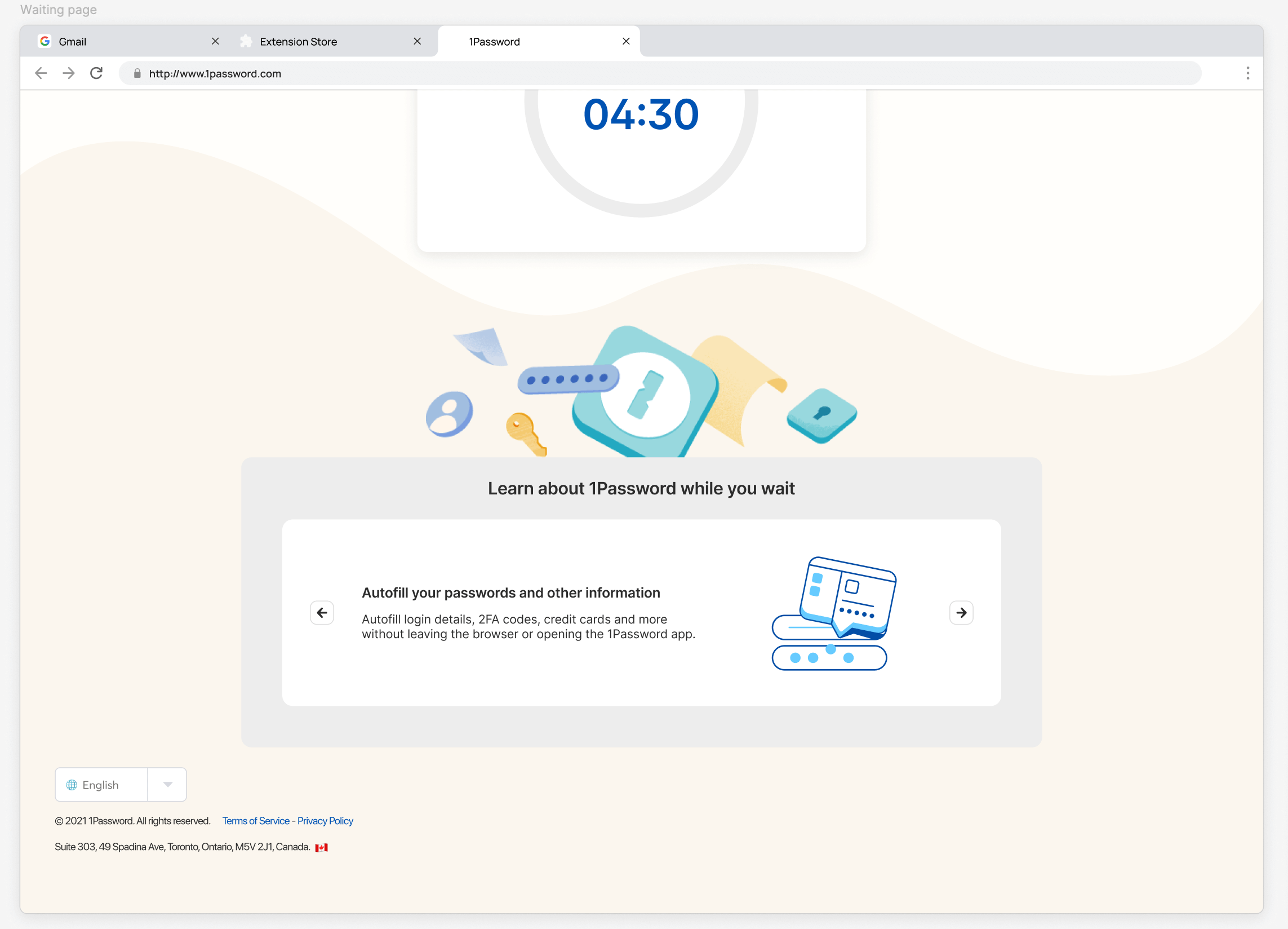 A screenshot of the new scim waiting screen with other 1Password features highlighted.