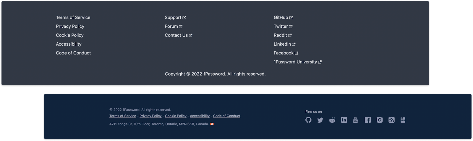 1Password.com footer next to default Docusaurus classic theme footer
