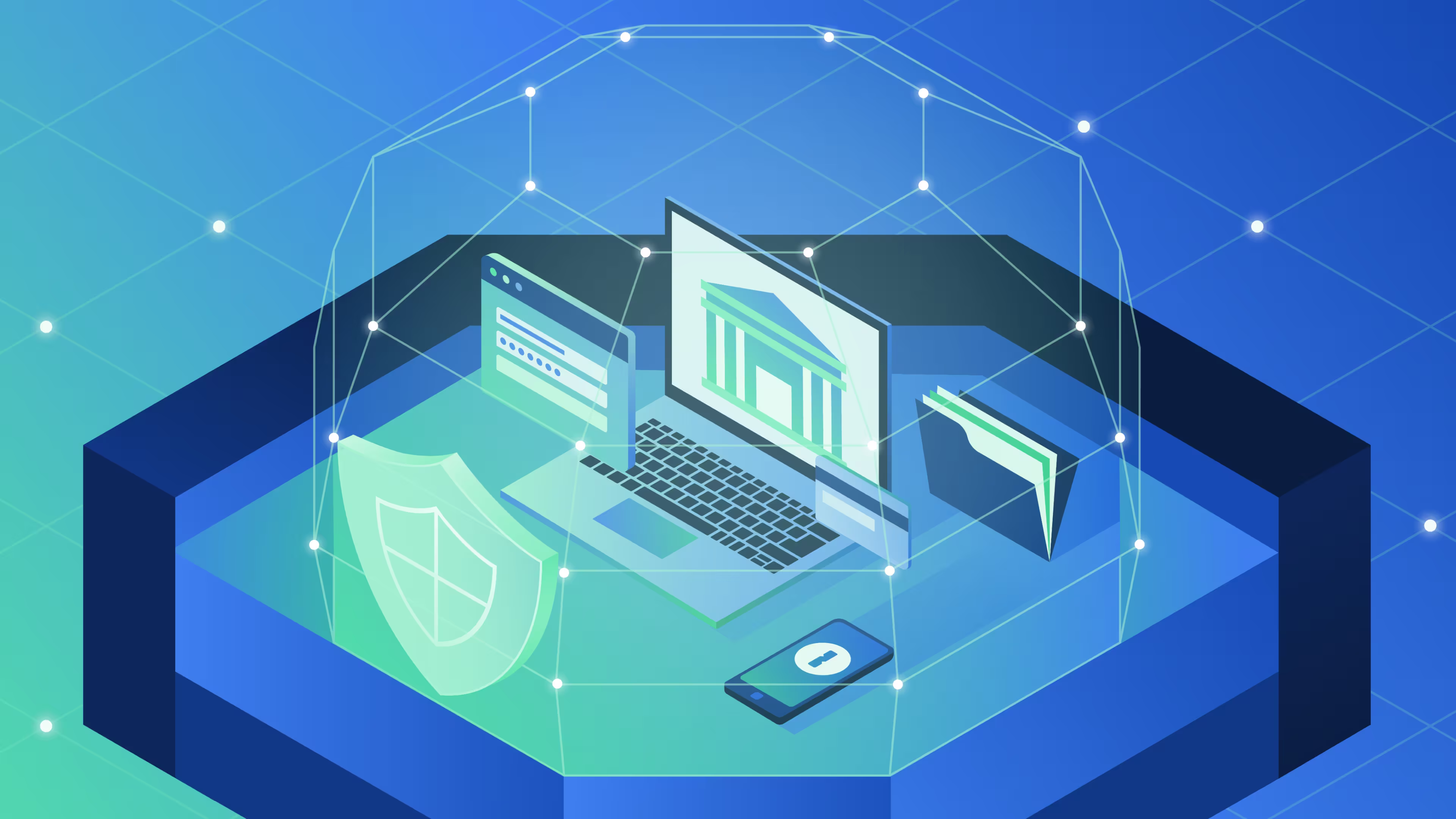 An illustration of a laptop. Its screen shows a bank, and it is surrounded by various symbols related to cybersecurity.