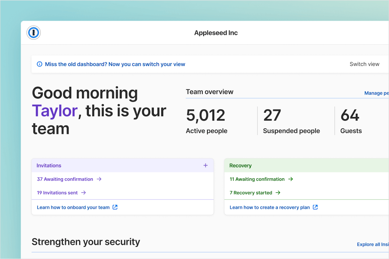 A screenshot of 1Password showing an admin's dashboard.