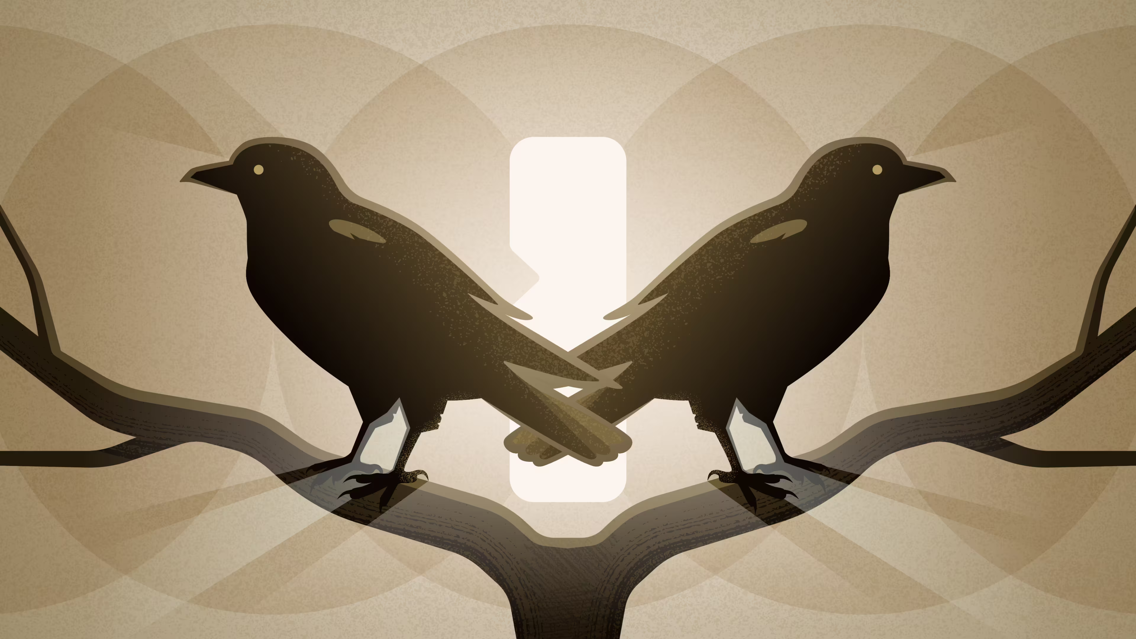 A graphic of two crows standing in front of the 1Password logo