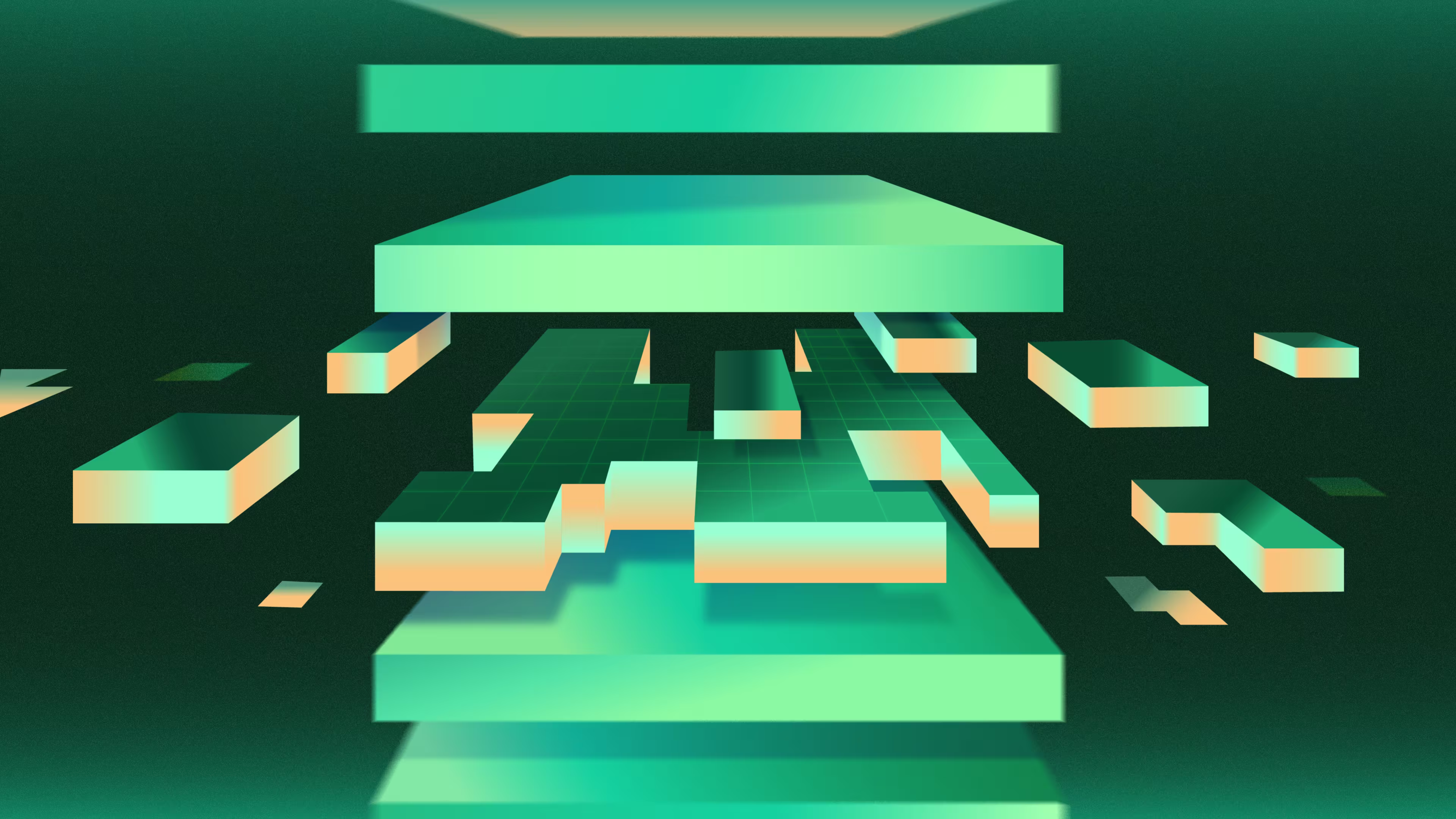 An abstract illustration in shades of green that shows a stack of flat planes. One layer is unlike the others, fragmented and tinged in orange.