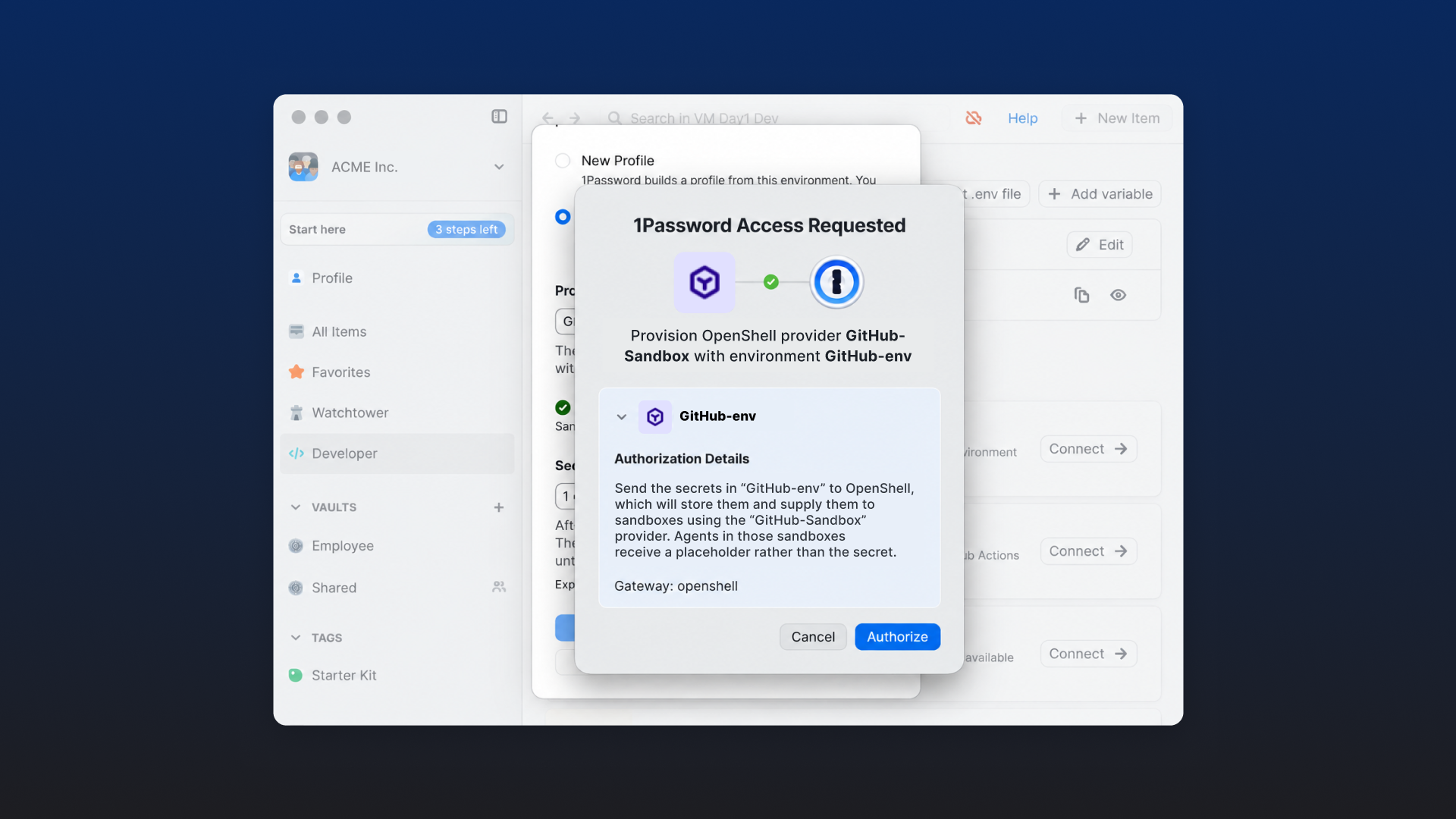 A screenshot from the integration between 1Password and NVIDIA OpenShell. 1Password alerts the user that OpenShell provider GitHub-Sandbox is requesting access to authentication details stored within 1Password . The user can either Authorize or Cancel the access request.