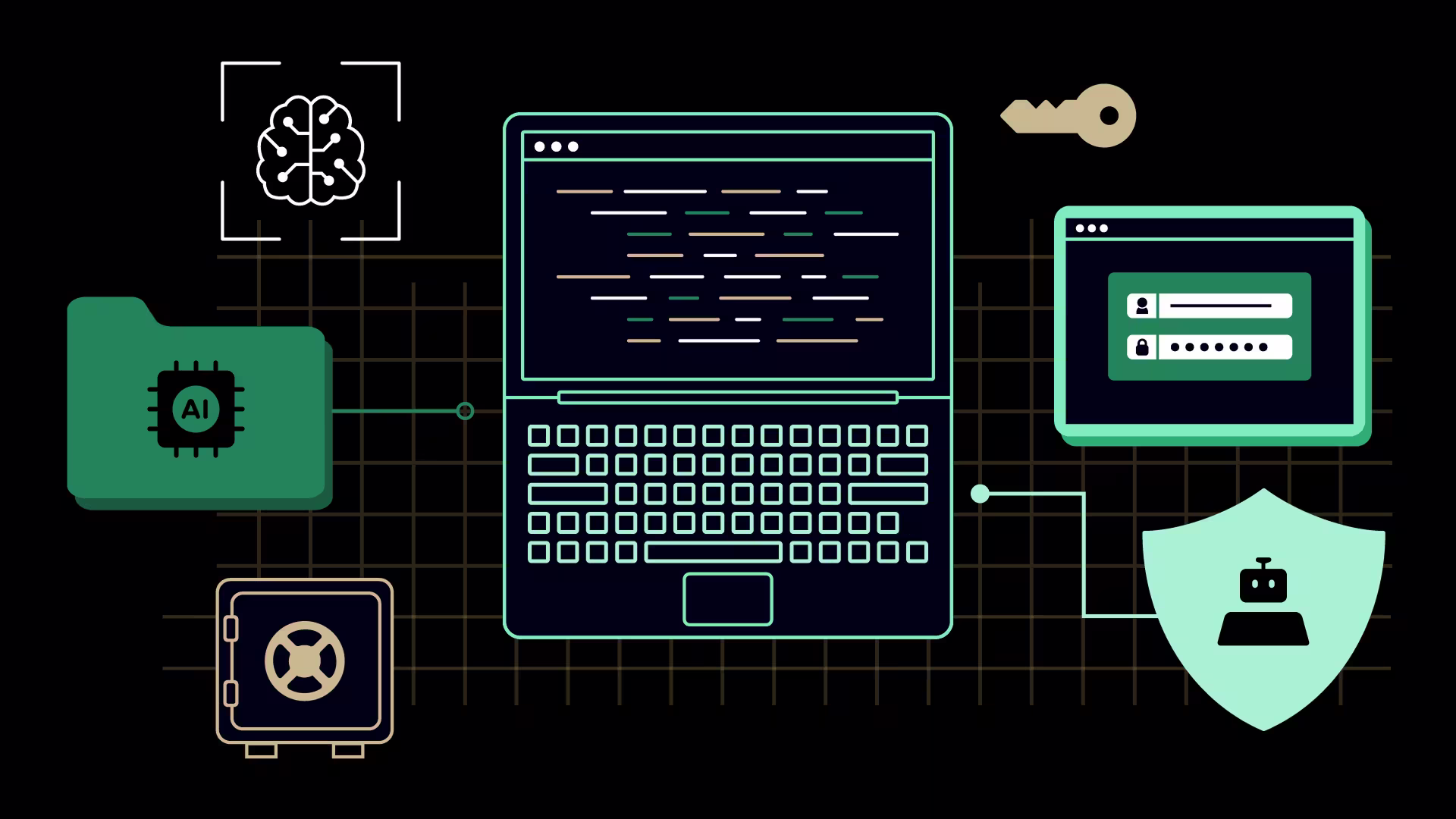 An illustration, in cybernetic green shades, of a laptop surrounded by various access points, including AI tools and credentials.