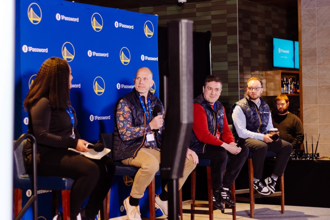 1Password's Danielle Caldwell, Jeff Shiner, and Jason Meller, and the Golden State Warriors' Daniel Brusilovsky.