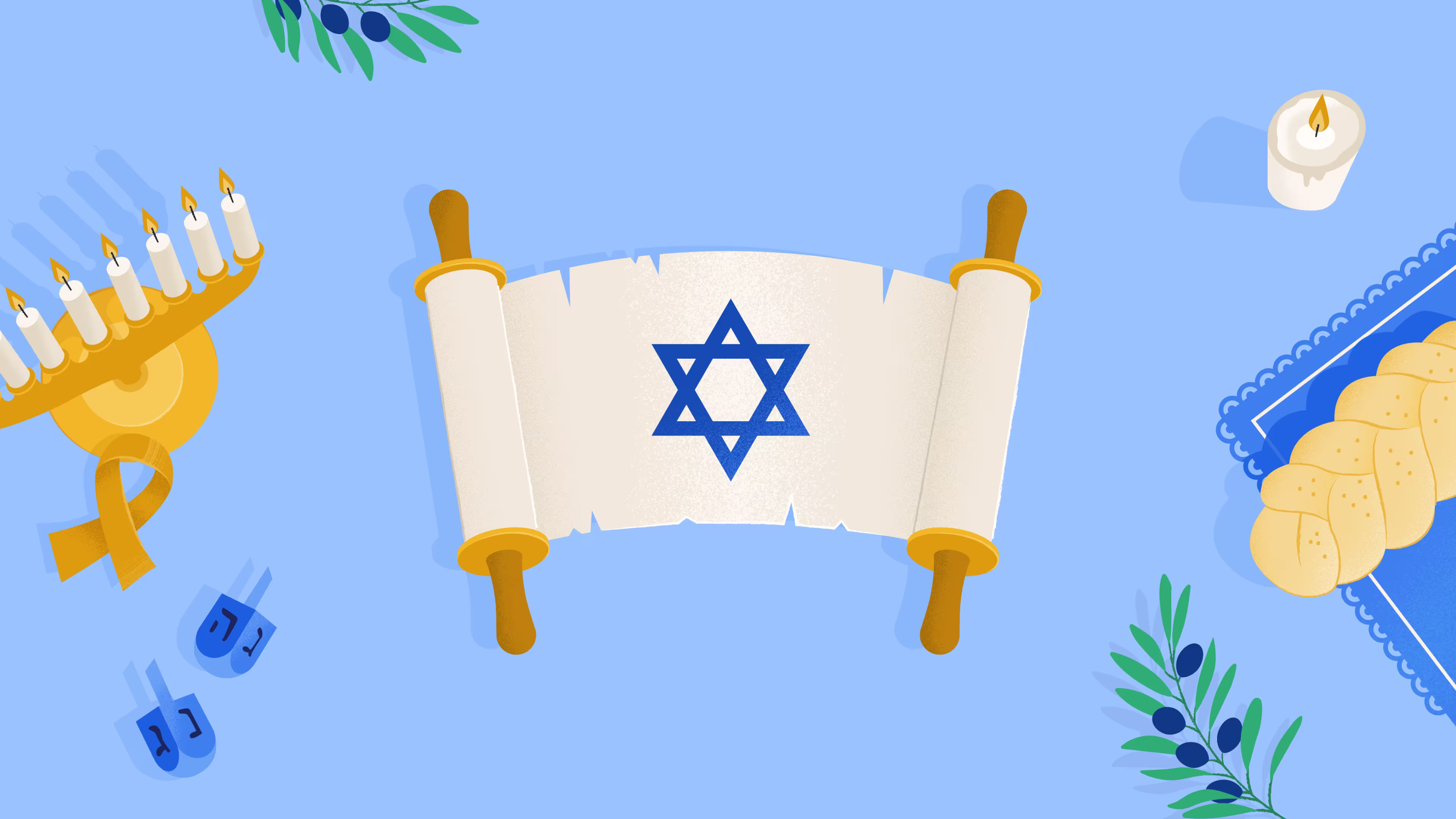 An illustration showing a tabletop. In the center of the table is a scroll featuring the Star of David. Around it are some dreidels, olive branches, a loaf of challah bread, and a menorah.