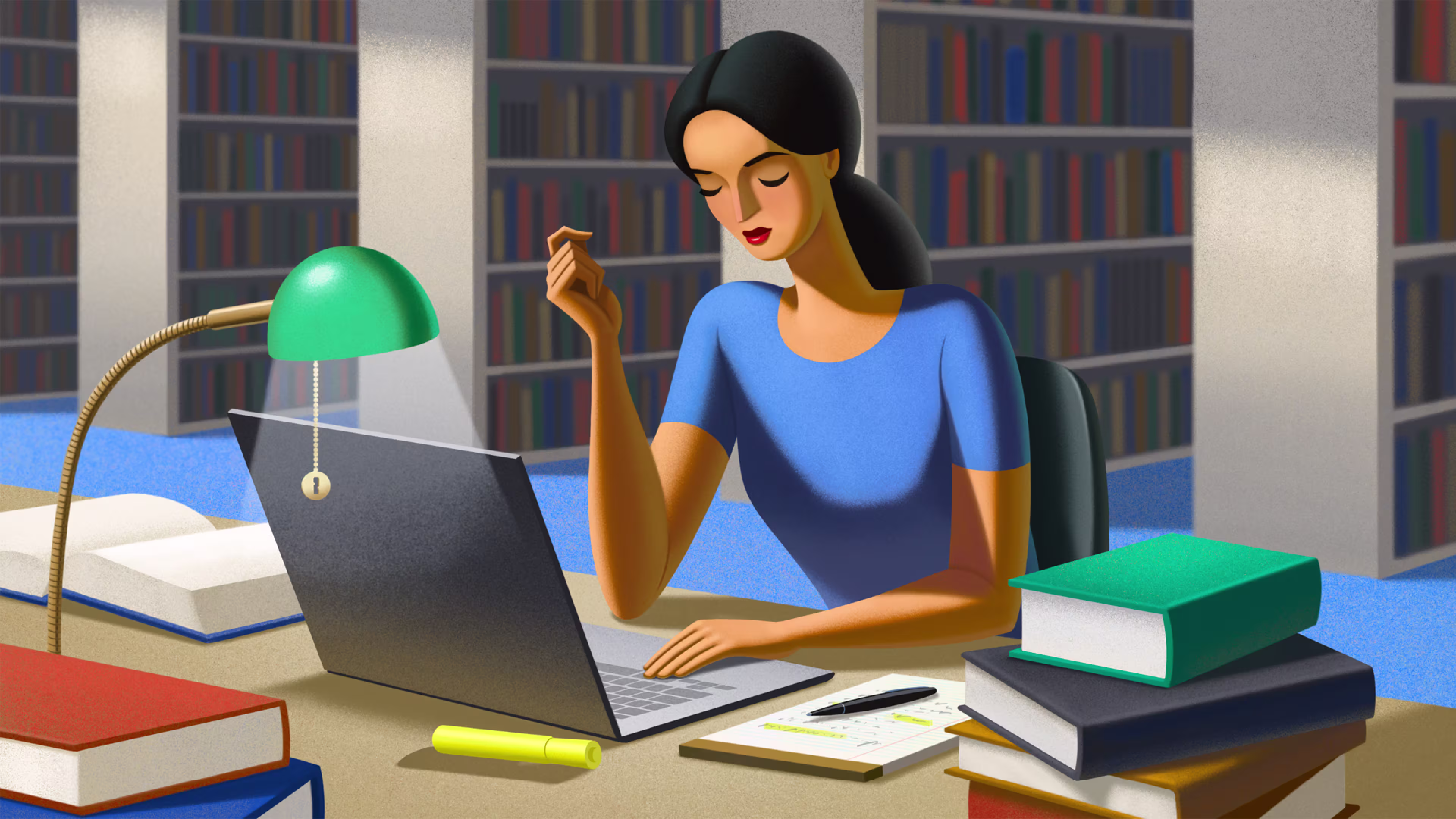 An illustration of a person sitting in a library, studying at a laptop. Books, notepads, and highlighters surround them.