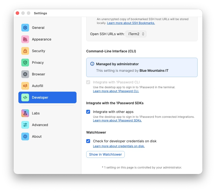 A screenshot of the 1Password desktop app, showing the Developer settings page with the SDK option enabled.