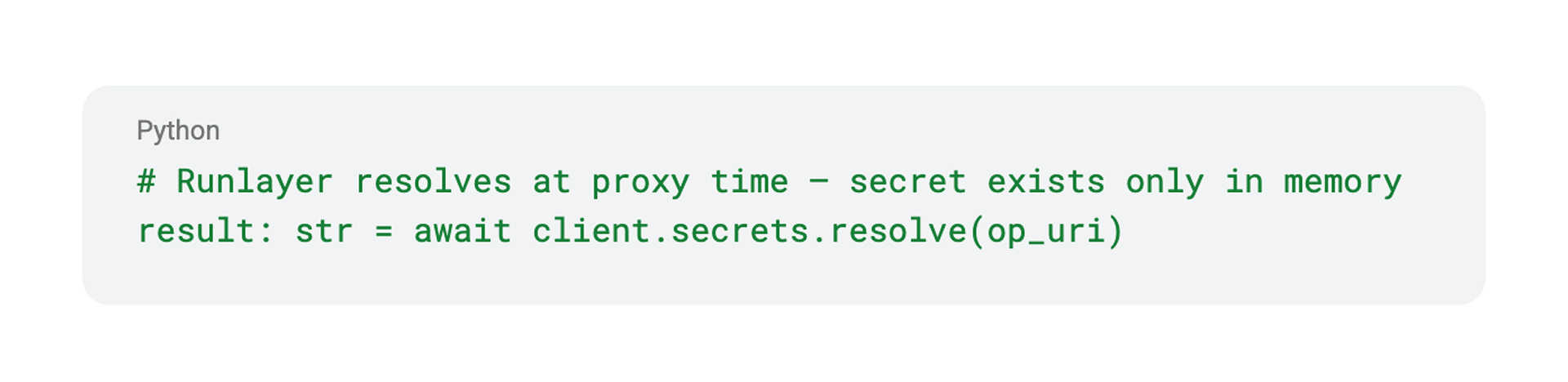 When the MCP proxy handles a tool call, it scans transport headers for op:// references. For each match, it calls the 1Password SDK to resolve the live value and injects it into the upstream connection: