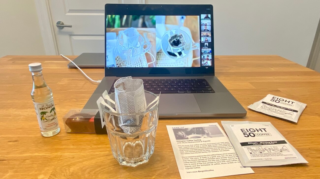 Brewing coffee over a Zoom call.