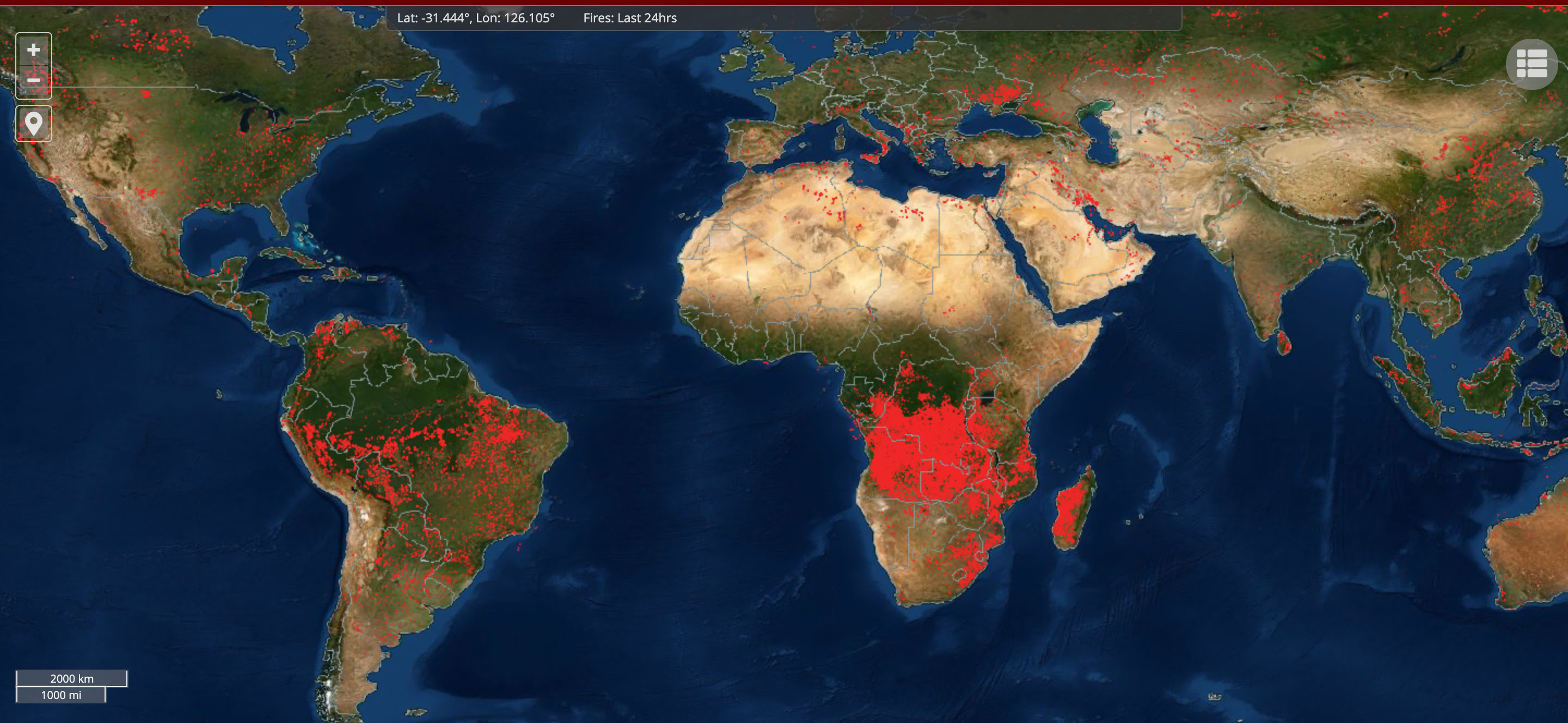 Map showing the amount of fires burning in the last 24 hours as of August 6th, 2021. Credit: NASA, Firms
