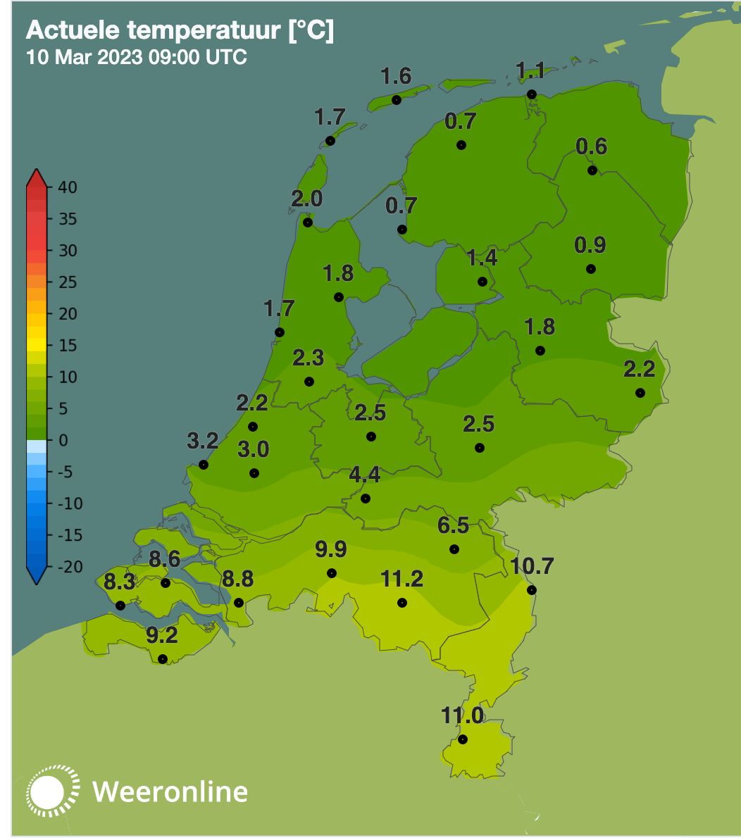 In Eindhoven is het inmiddels al 11 graden.