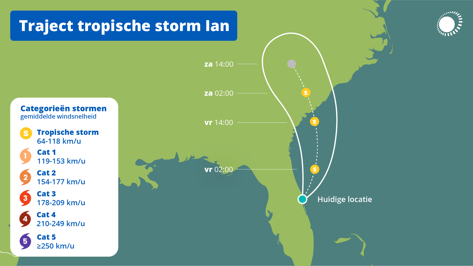 Het pad van orkaan Ian, inmiddels afgezwakt tot een tropische storm.
