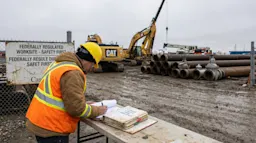 A safety officer in a high-visibility orange vest and yellow hard hat reviews a thick compliance binder at a federally regulated Canadian worksite. In the background, large-diameter pipeline infrastructure and heavy industrial equipment are visible under an overcast Canadian sky. The scene conveys regulatory compliance, federal jurisdiction, and industrial safety. 