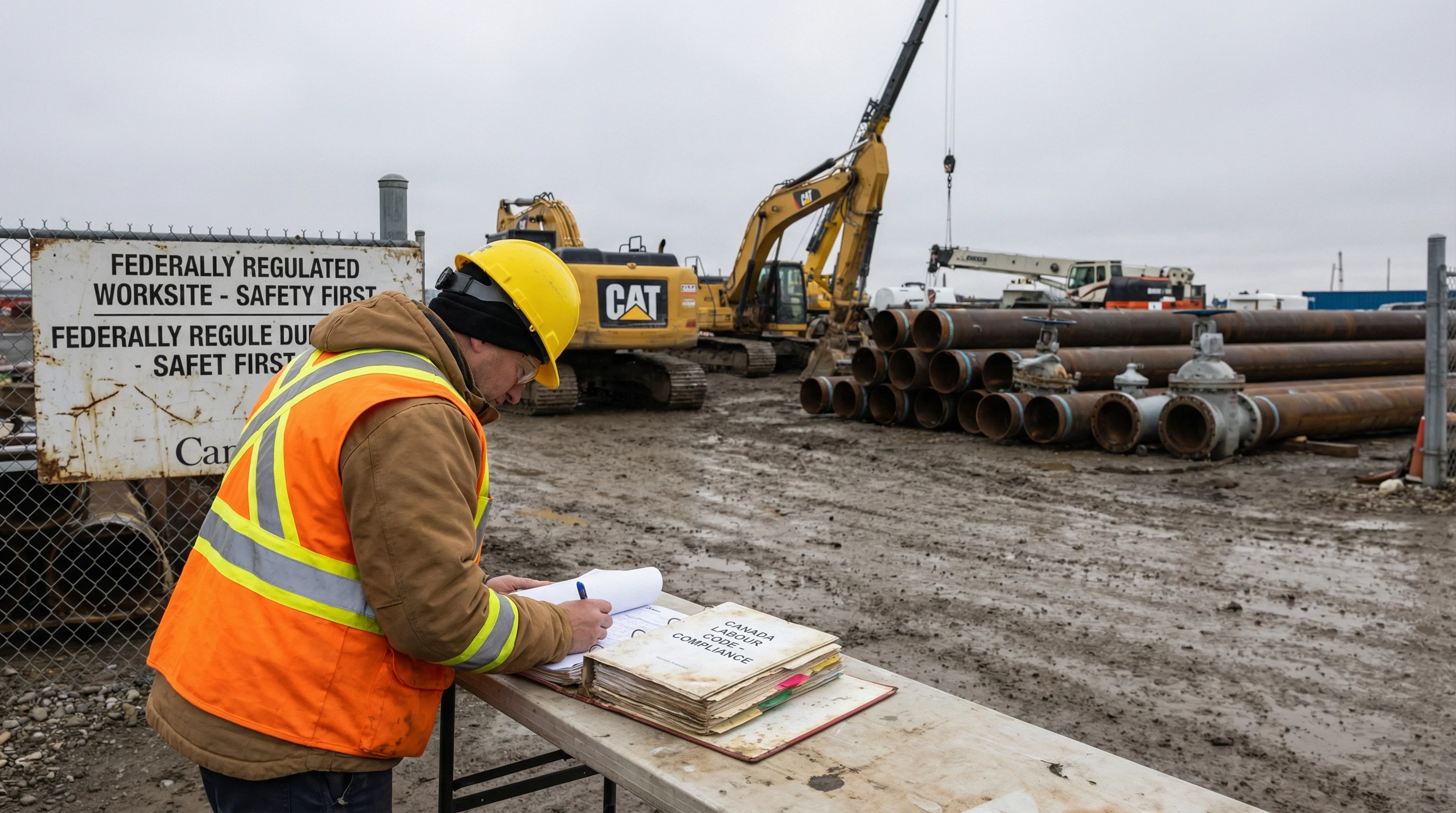 A safety officer in a high-visibility orange vest and yellow hard hat reviews a thick compliance binder at a federally regulated Canadian worksite. In the background, large-diameter pipeline infrastructure and heavy industrial equipment are visible under an overcast Canadian sky. The scene conveys regulatory compliance, federal jurisdiction, and industrial safety.