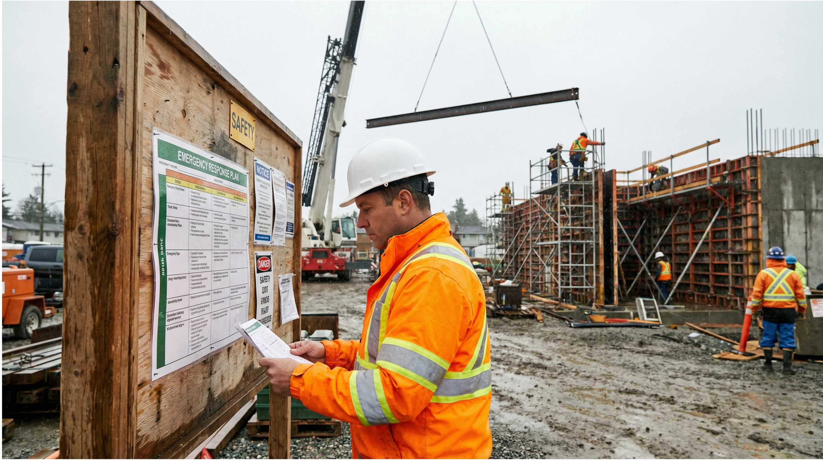 Site supervisor in high-vis vest reviewing an emergency response plan on a construction safety board with crane and scaffolding in background