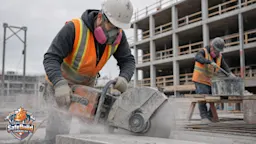 Construction worker wearing a half-facepiece P100 respirator while cutting concrete on a Canadian job site
