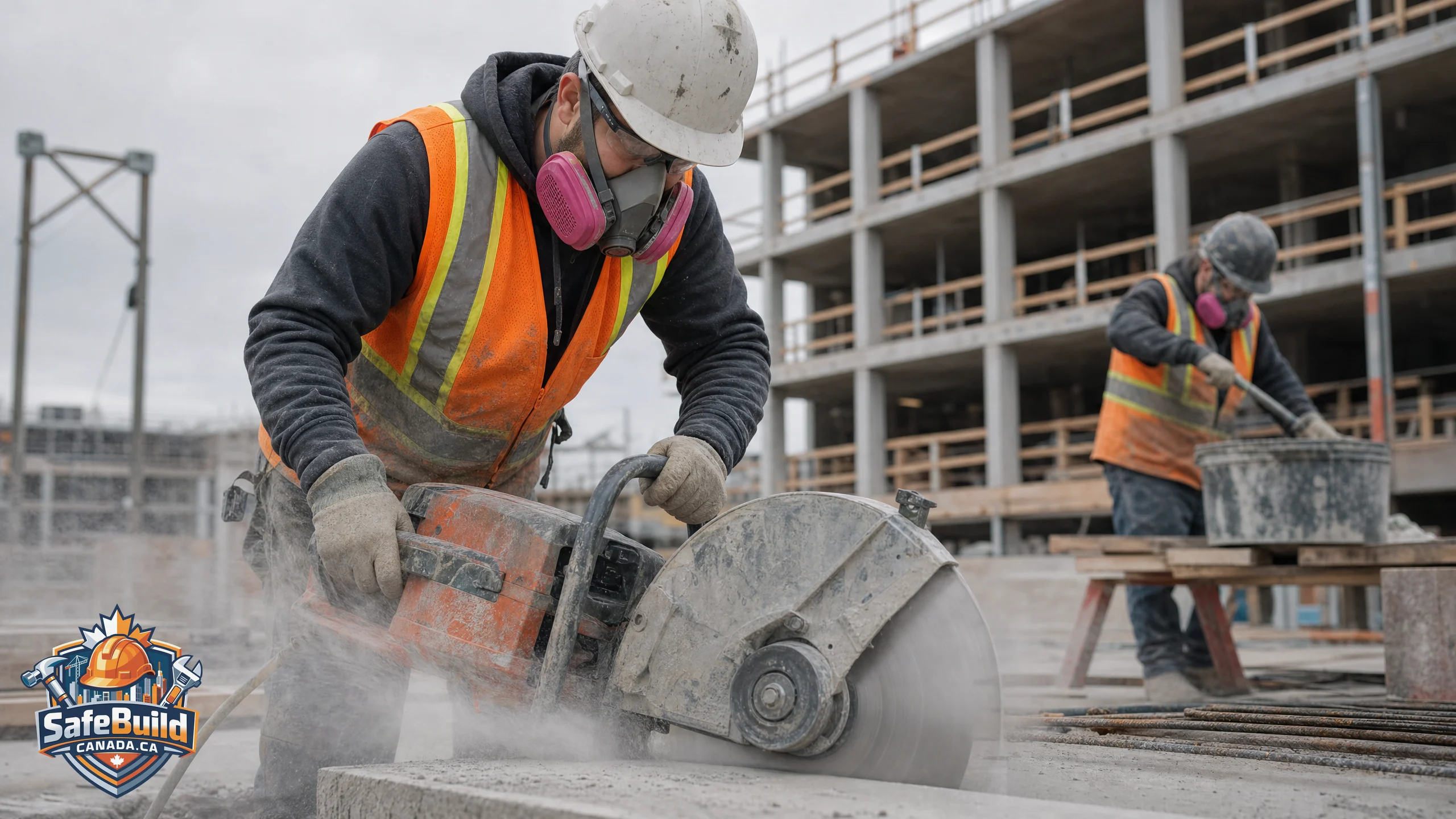 Construction worker wearing a half-facepiece P100 respirator while cutting concrete on a Canadian job site