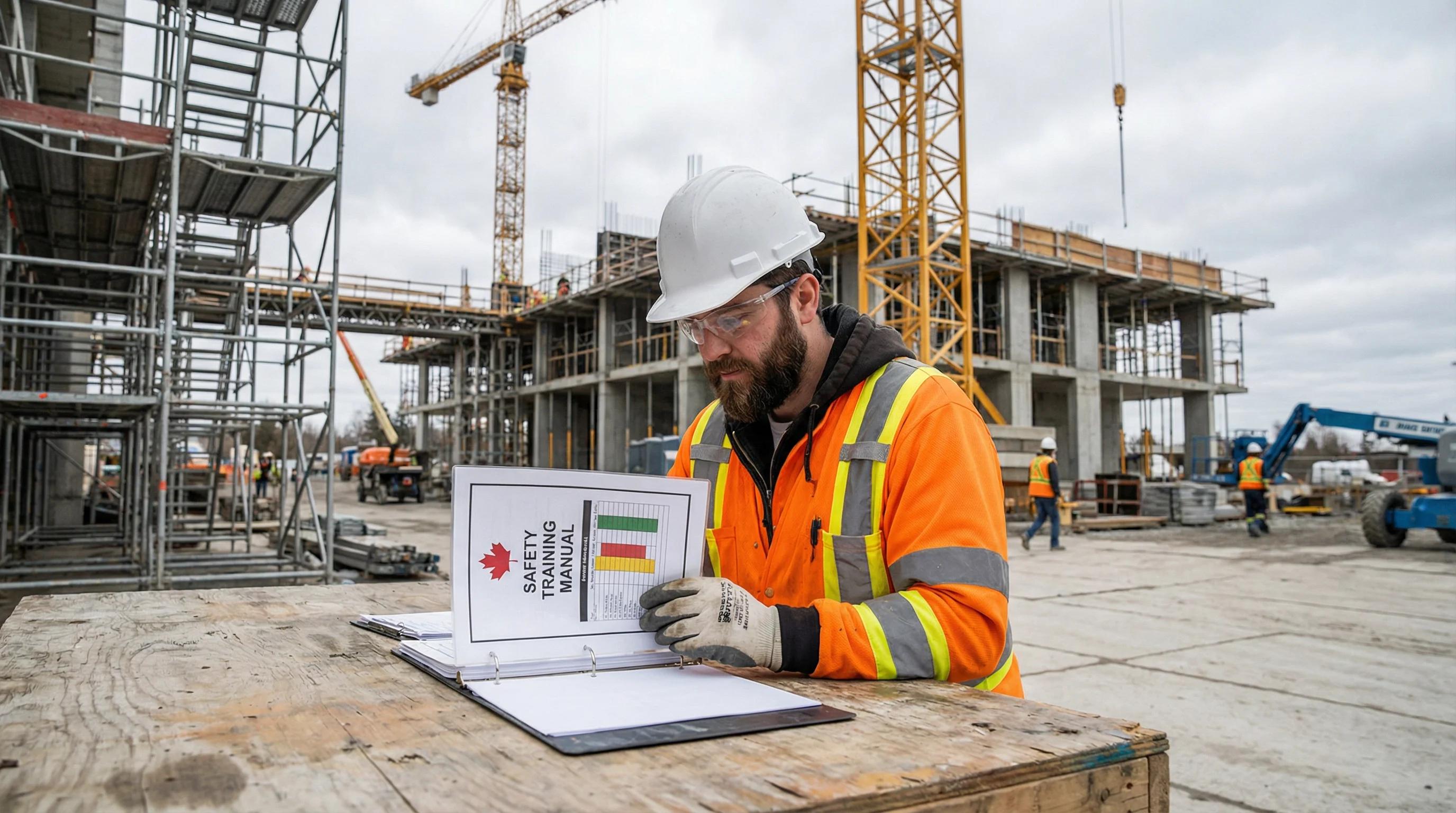 A Canadian construction worker in a high-visibility orange vest and white hard hat sitting at a worksite table reviewing a safety training manual, with an active construction site in the background.