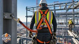 A construction worker wearing a CSA Z259 compliant full body safety harness while working at heights on a Canadian jobsite.