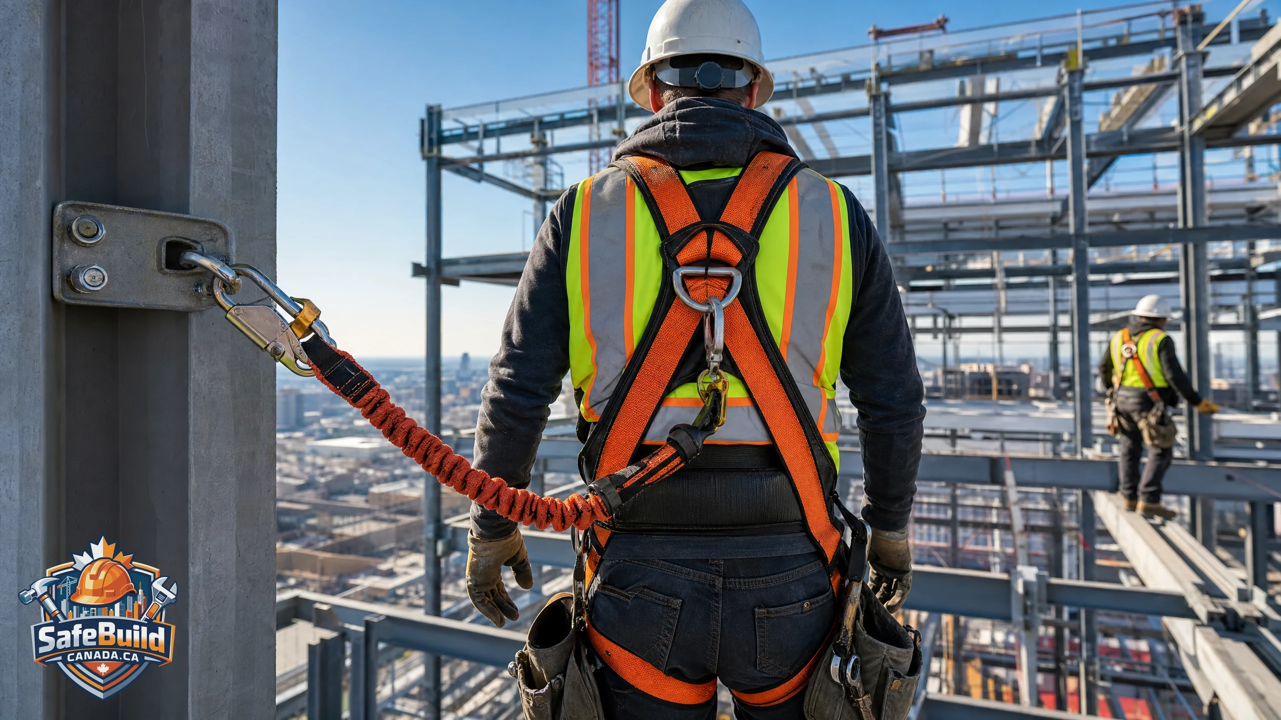 A construction worker wearing a CSA Z259 compliant full body safety harness while working at heights on a Canadian jobsite.
