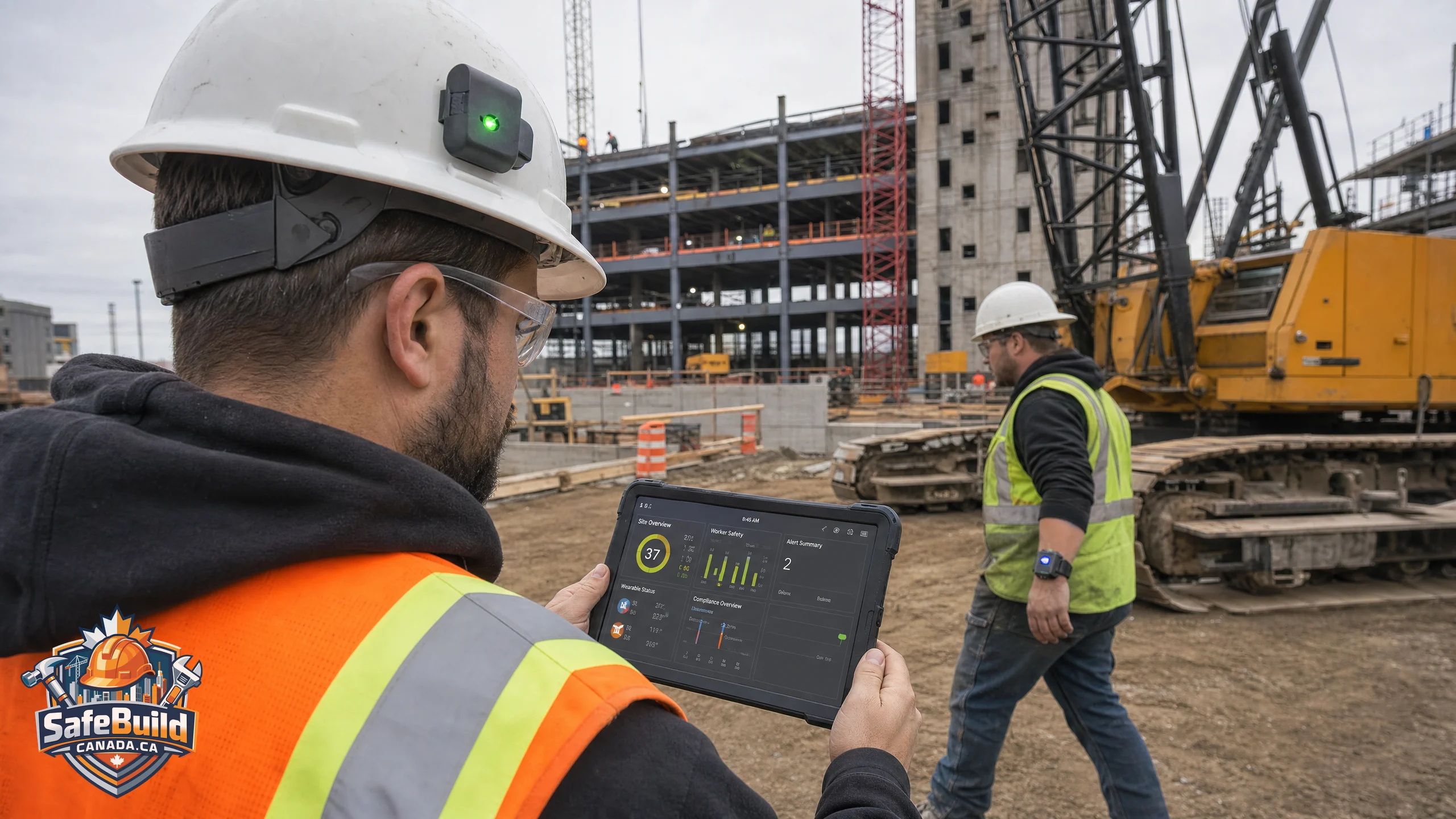 Construction worker wearing a smart safety helmet with sensor array on a Canadian construction site, orange hi-vis vest, urban skyline background