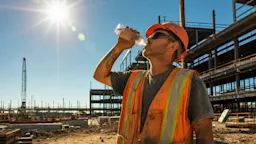 Construction worker in orange high-vis vest drinking water on a Canadian construction site in intense summer heat.