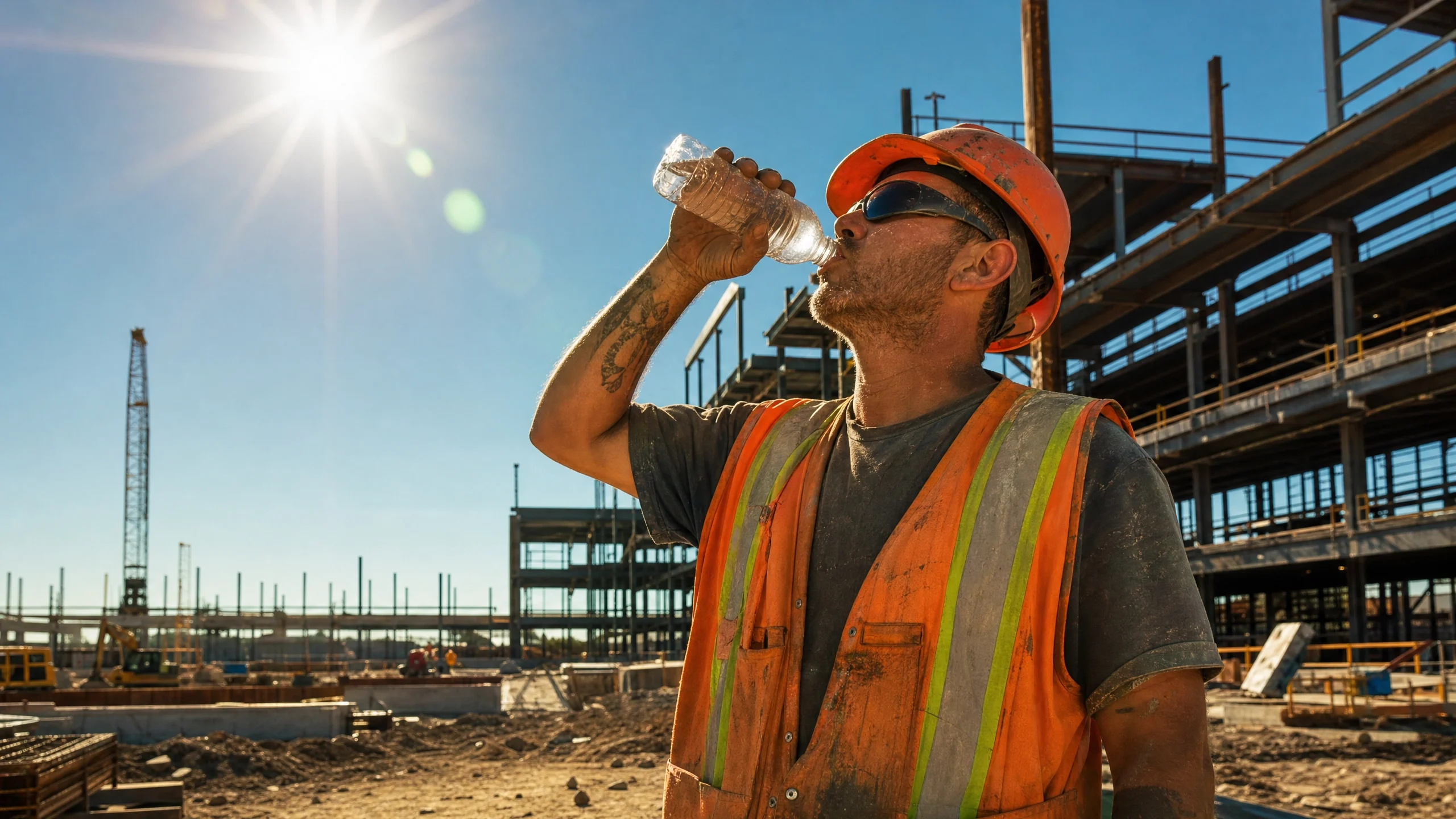 Construction worker in orange high-vis vest drinking water on a Canadian construction site in intense summer heat.