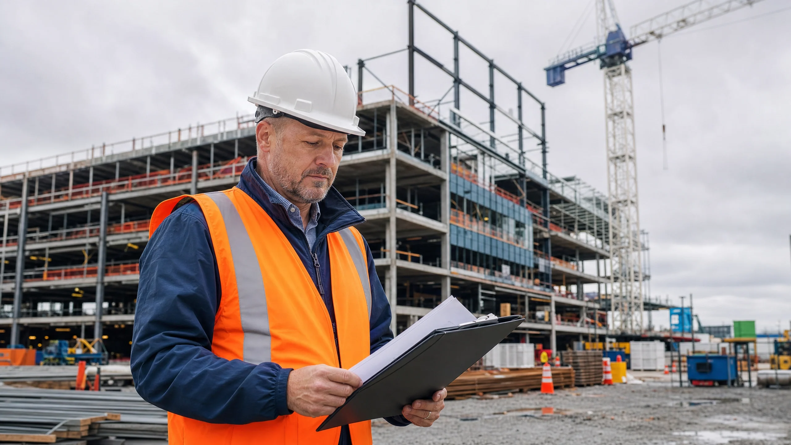 A construction site supervisor in a bright orange high-visibility vest and white hard hat reviewing a clipboard of legal documents at a large commercial construction site in Ontario, Canada.