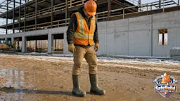A Canadian construction worker wearing bright orange high-visibility gear and a hard hat looks down at their heavy-duty CSA Z195 green triangle safety boots on a muddy construction site.