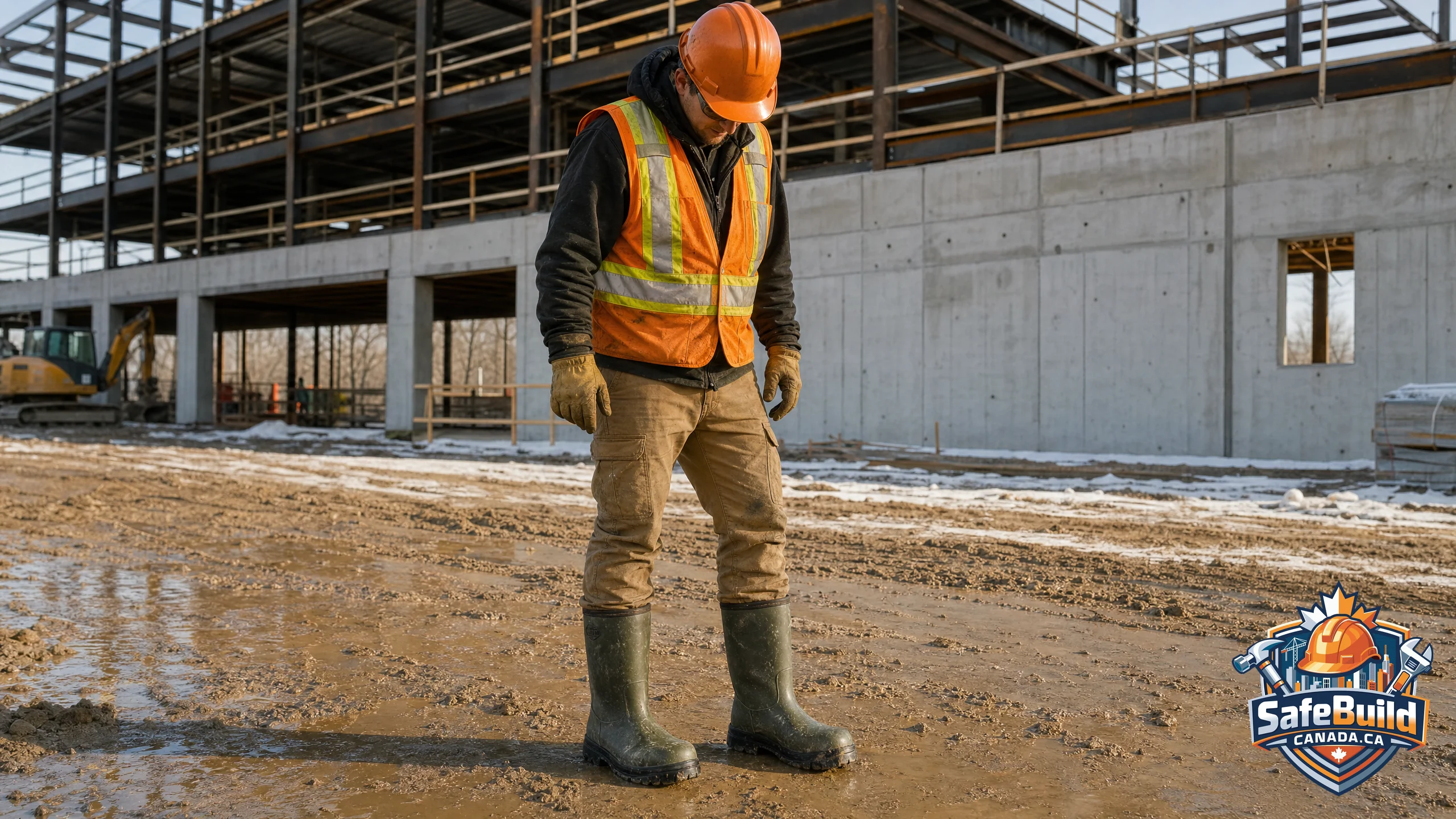 A Canadian construction worker wearing bright orange high-visibility gear and a hard hat looks down at their heavy-duty CSA Z195 green triangle safety boots on a muddy construction site.