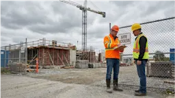 A Ministry of Labour or OHS officer in a high-visibility orange vest, hard hat, and clipboard standing at the entrance of a large active Canadian construction site. The officer is reviewing documentation with a site supervisor in a yellow hard hat and reflective safety vest. Background shows concrete formwork, scaffolding, and a tower crane against an overcast Canadian sky. 