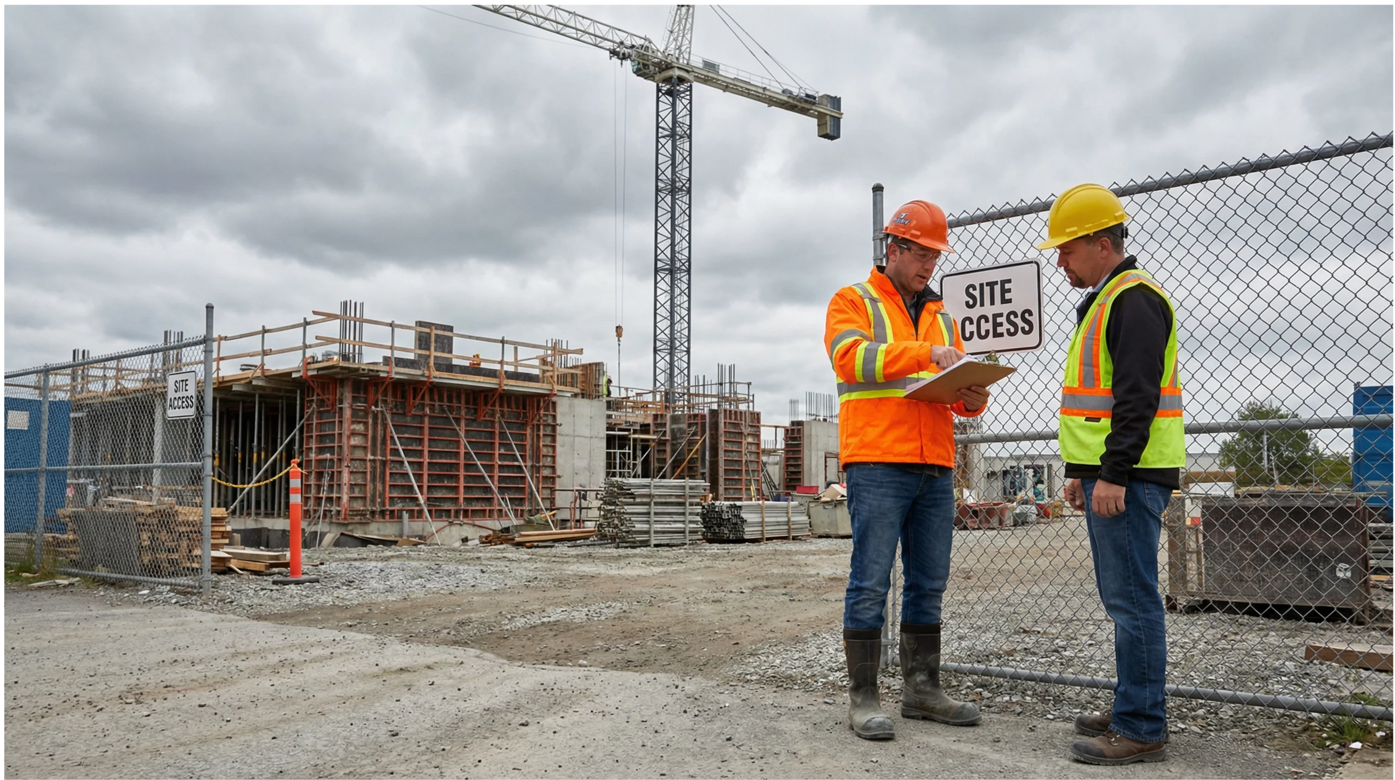 A Ministry of Labour or OHS officer in a high-visibility orange vest, hard hat, and clipboard standing at the entrance of a large active Canadian construction site. The officer is reviewing documentation with a site supervisor in a yellow hard hat and reflective safety vest. Background shows concrete formwork, scaffolding, and a tower crane against an overcast Canadian sky. 