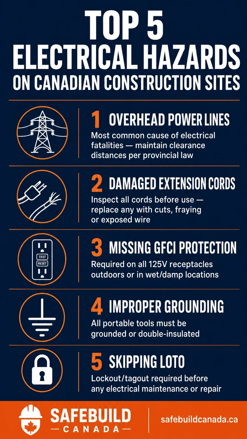 5 electrical hazards on Canadian construction sites including overhead power lines, damaged cords, missing GFCI, improper grounding, and skipping LOTO.