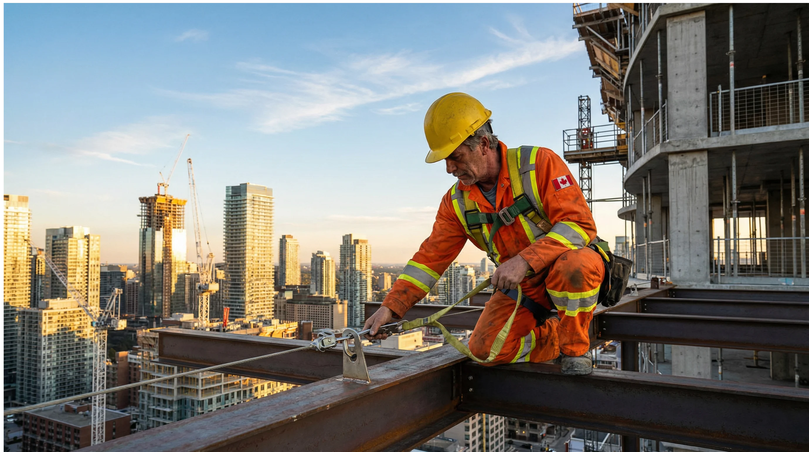 Canadian construction worker in a full-body safety harness clipping a lanyard to a certified anchor point on a steel beam, Toronto skyline in the background at golden hour
