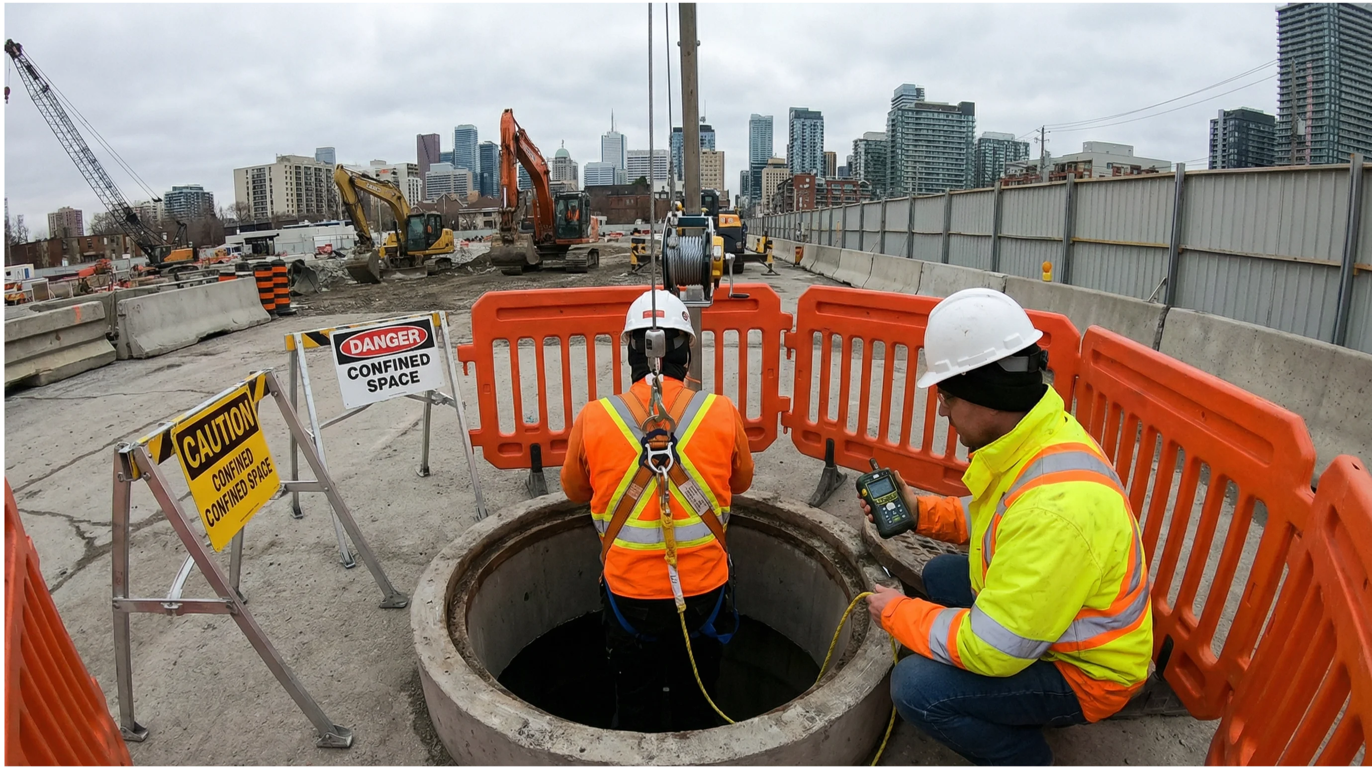 Two construction workers at a confined space manhole entry on a Toronto construction site, one worker descending with a safety harness while the attendant monitors with a gas detector