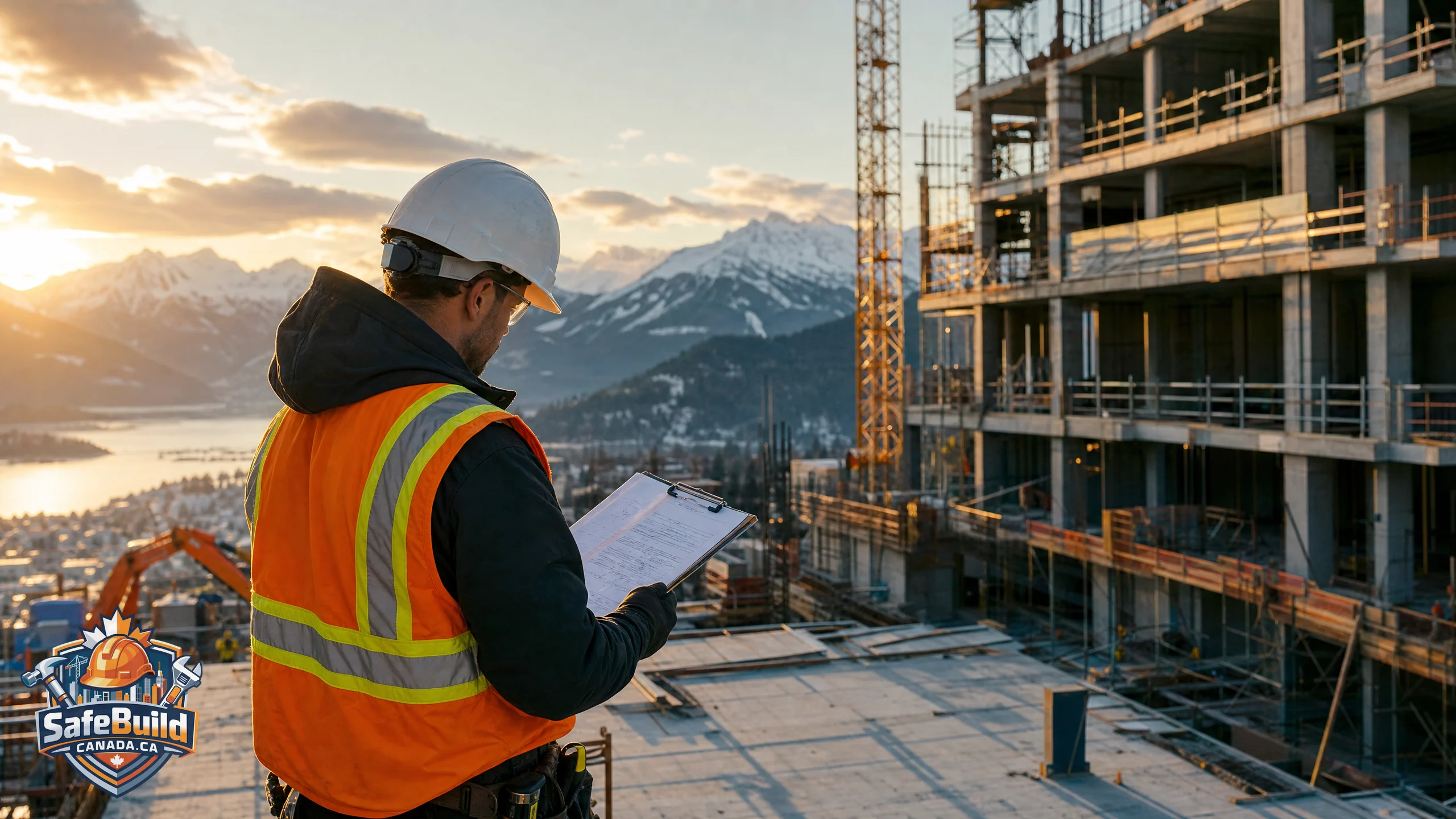 Construction worker reviewing safety documents on a BC construction site.